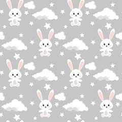 Vector seamless pattern with cute rabbits, clouds, stars on neutral grey color background.