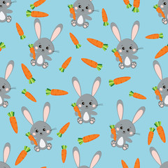 Vector seamless childrens pattern with cute rabbit and carrot on blue background.