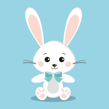 Isolated cute white rabbit in sitting pose with blue bow tie on blue background in cartoon flat style.