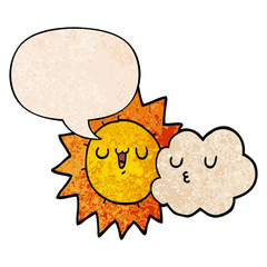 cartoon sun and cloud and speech bubble in retro texture style