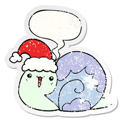 cute cartoon christmas snail and speech bubble distressed sticker