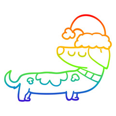 rainbow gradient line drawing cartoon dog wearing christmas hat
