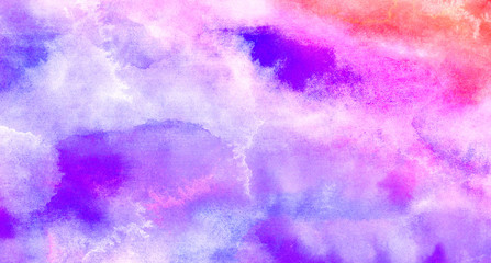 Smeared smooth bright purple and soft pink watercolor brush drawn background. Grunge light pastel colors ink glow aquarelle smudge illustration. Paper textured pattern for vintage design, retro card