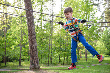 Cute child boy playing. Artworks depict games at eco resort which includes flying fox or spider net. Every childhood matters. Toddler age. Children fun