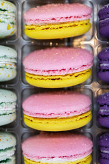 French macaroons dessert range lilac yellow with plastic case. Sweet macaroons cookies for tea. Two-colored macaroon with cream in the middle.