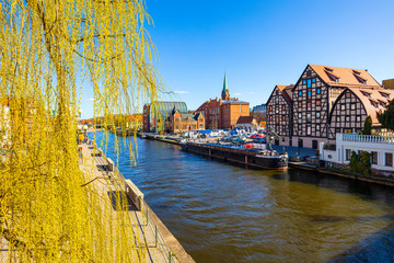 Bydgoszcz, Poland - Panoramic view of the historic city center with the old town tenements along...