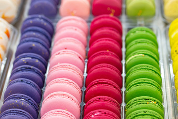 Multicolored french macaroon sponge cakes, even rows of sweet pastries macaroon dessert.