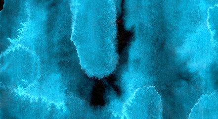 Dark glowing blue neon watercolor on black paper illustration. Creative lightning night sky and...