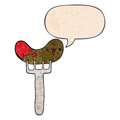 cartoon sausage and fork and speech bubble in retro texture style