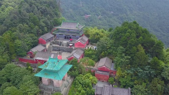 Spectacular aerial view around Nanyan Place. Views to main palace, watchtower and Wudang Mountain. Nanyan has excellent scenery in Wudangshan.