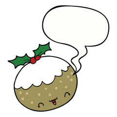 cute cartoon christmas pudding and speech bubble