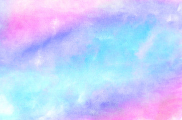 Colorful aquarelle paper textured ink effect grungy wet pastel illustration for design. Modern creative smeared blue, purple and pink shades watercolor background for vintage card, retro template
