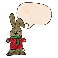 cartoon rabbit and speech bubble in retro texture style