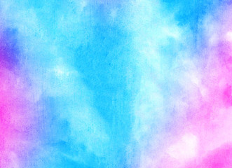 Colorful aquarelle paper textured ink effect grungy wet pastel illustration for design. Modern creative smeared blue, purple and pink shades watercolor background for vintage card, retro template