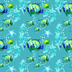 Seamless pattern of watercolor tropical Sea Fishes of coral reefs , blue starfish, water plants isolated on aquamarine background. Design element for baby shower card, scrapbook, invitation