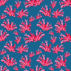Watercolor seamless pattern of undersea  red corals  on blue background. Design for textile, wallpaper, card, wrapping paper