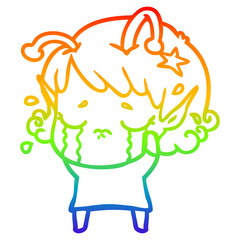 rainbow gradient line drawing cartoon crying alien girl