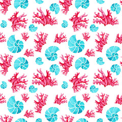 Watercolor seamless pattern of undersea  red corals and aquamarine ammonites on white background. Design for textile, wallpaper, card, wrapping paper