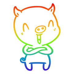 rainbow gradient line drawing happy cartoon pig