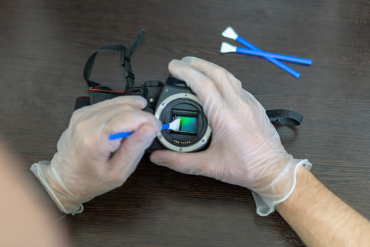 Technician cleans sensor of digital camera from dust and dirt using cleansing swab. Professional cleaning mops service matrix camera background concept.