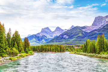 Bow River in the Town of Canmore on the Banff Range of the Canadian Rockies