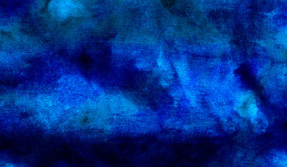 Deep dark glowing blue neon watercolor on black paper illustration. Creative lightning night sky and thunder background. Aquarelle painted ink canvas, cosmic card template for modern design