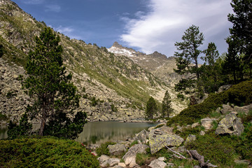 Landscape of Les Laquettes lake. Circular route of the lakes in the Nature Reserve of Neouville in France, Hautes Pyrinees.