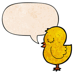 cartoon bird and speech bubble in retro texture style