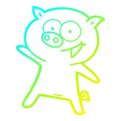 cold gradient line drawing cheerful dancing pig cartoon