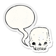 cartoon spooky skull and speech bubble distressed sticker