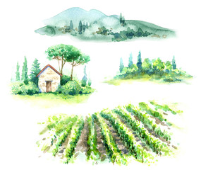 Watercolor Fragments of Rural Scene with Hills, Vineyard  and Trees