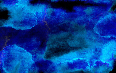 Deep dark glowing blue neon watercolor on black paper illustration. Creative lightning night sky and thunder background. Aquarelle painted ink canvas, cosmic card template for modern design