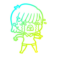 cold gradient line drawing cartoon girl crying