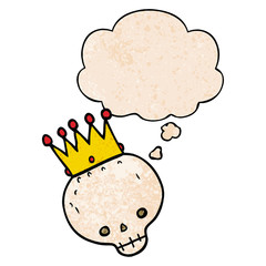 cartoon skull with crown and thought bubble in grunge texture pattern style