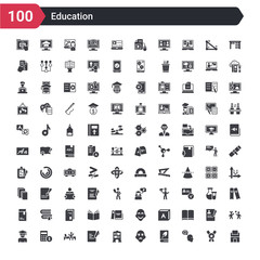 100 education icons set such as book shop, intellectual, eco book, drama, book shelf, as, wake up, calculator and dollar, scholar