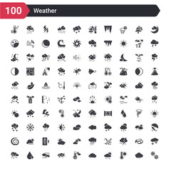 100 weather icons set such as snowflakes, thermometer and sun, sun cloud and rain, round cloud, nice temperature, sky, fogg, drop with shine, night rain