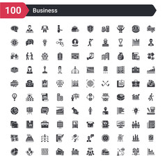 100 business icons set such as graphs, strategic, shopping bags, customer relationship management, director desk, bank card, tones, logistic, pie graphic