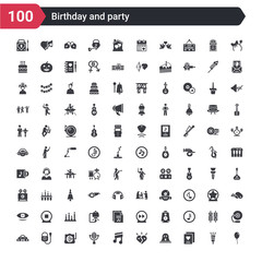 100 birthday and party icons set such as air balloon, greeting card, phantom, harmony, song note, broadcast microphone, gramophone record, mp3 player with headphones, radio ghettoblaster