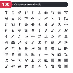 100 construction and tools icons set such as scaffolding, improvement, spade, iron soldering, pencil and ruler, caulk gun, allen keys, metal saw, soil