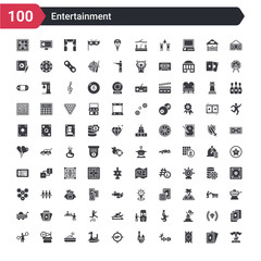 100 entertainment icons set such as carousel horse, gold ticket, hopscotch, bottles ball, shoot duck, swan boat, sandbox, spinning wheel, pom pom - obrazy, fototapety, plakaty