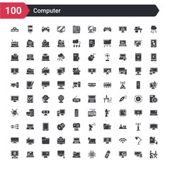 100 computer icons set such as work station, industrial, tv remote, chips, notebook and mouse cursor, monitor and computer mouse, monitor with mouse cursor, video lecture, surfing the net