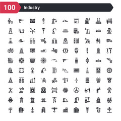 Fototapeta na wymiar 100 industry icons set such as sewage, piston, lift, oil tank, uncoiler, electrolysis, crusher, electronic print machine, eco windmill