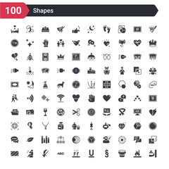 100 shapes icons set such as no push, empty bucket, paragraph, undelined, letter glow effect, strike through, moon and broom, spa room, rounded rectangle