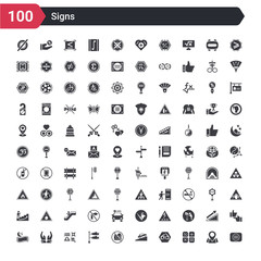 100 signs icons set such as is identical with, mathematics, broken glasses, ramp, no camera, koinobori, horoscope, zuhar prayer, isha prayer