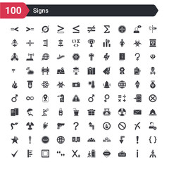 100 signs icons set such as crossing, square hotel, round hotel, emergency exit, subscript, quotes, borders, align left, tick