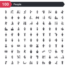 100 people icons set such as pulling hair, hugging, hand of an adult, heart in hands, help the elderly, person giving assistance, men carrying a box, sweeping person, people under an umbrella