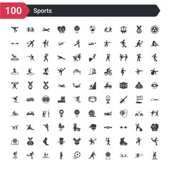 100 sports icons set such as sprained ankle, waterpolo, bullseye, stretching, football ball, left bend, jet surfing, ice skating, jumping ski