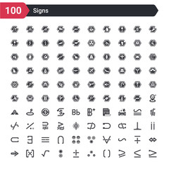 100 signs icons set such as is equal to or greater than, is greater than or equal to, parentheses grouping, therefore, plus less, reason, square root, absolute, implies if