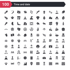 100 time and date icons set such as weekly calendar, week, sandglass clock, month calendar, face treatments, extreme sports, anger, hood open, feasibility