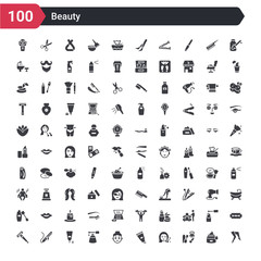 Naklejka premium 100 beauty icons set such as legs, make up, face cleanser, cream, face mask, nail polish, concealer, curler, razor